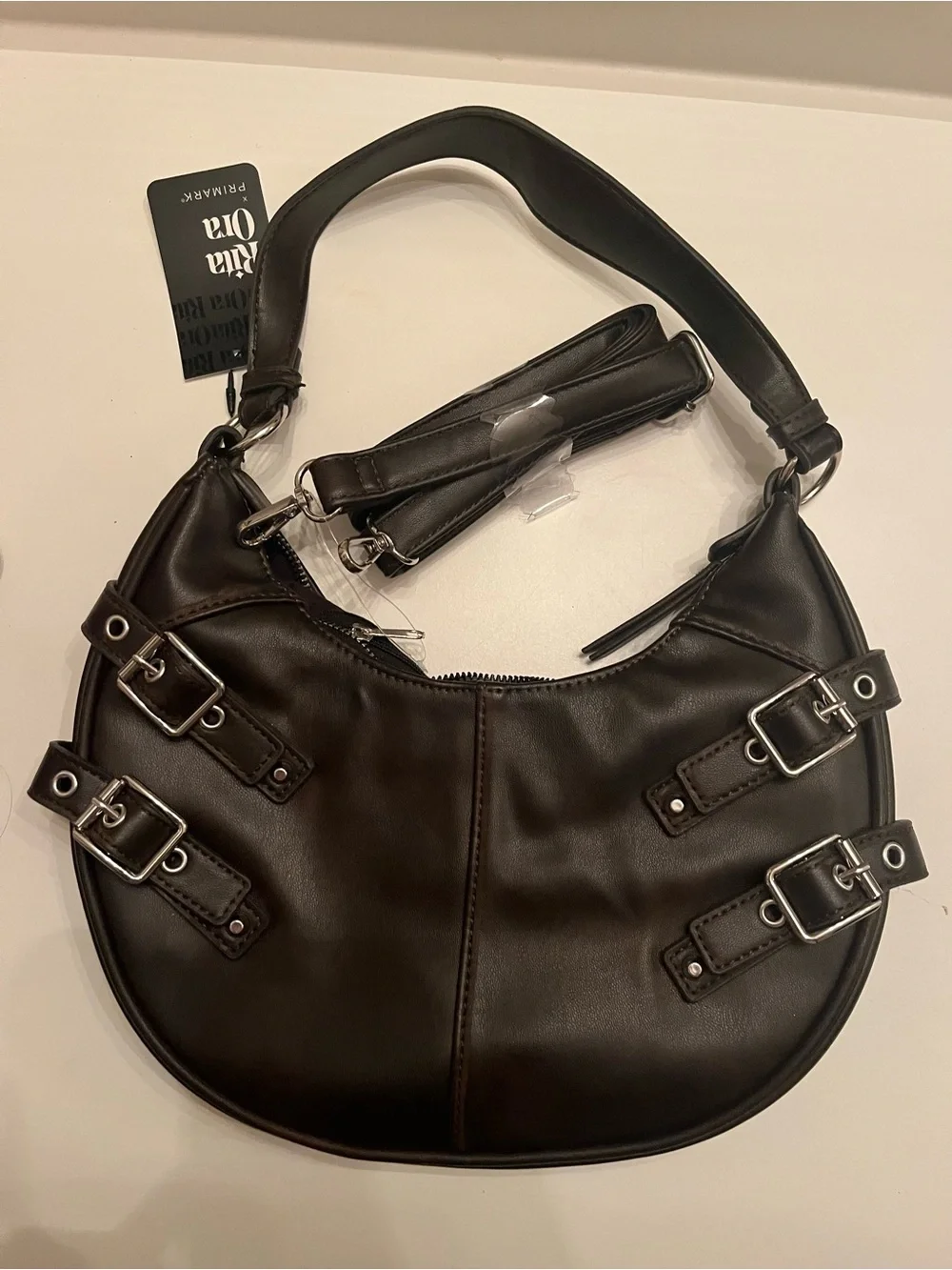 Brown Buckle Detail Hobo Shoulder Bag with crossbody strap